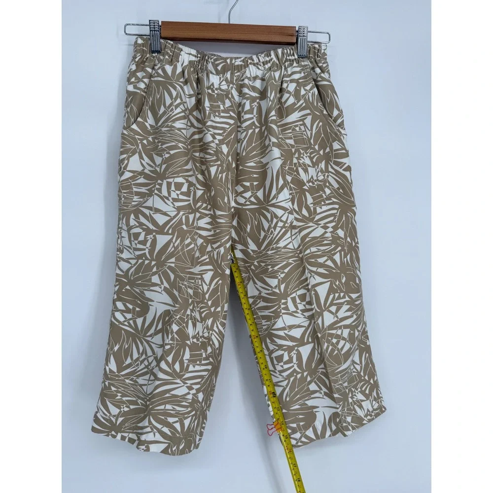 Alia Tan White Palm Leaf Print Elastic Cropped Wide Leg Pants Sz (see pics)
